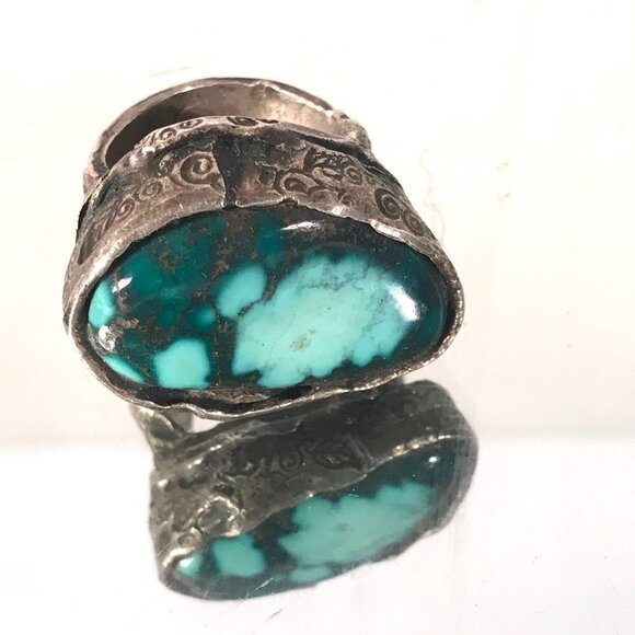 Huge Turquoise Gemstone Sterling Silver Handmade Size 8 Ring Hammered Chunky 925 - Picture 2 of 11